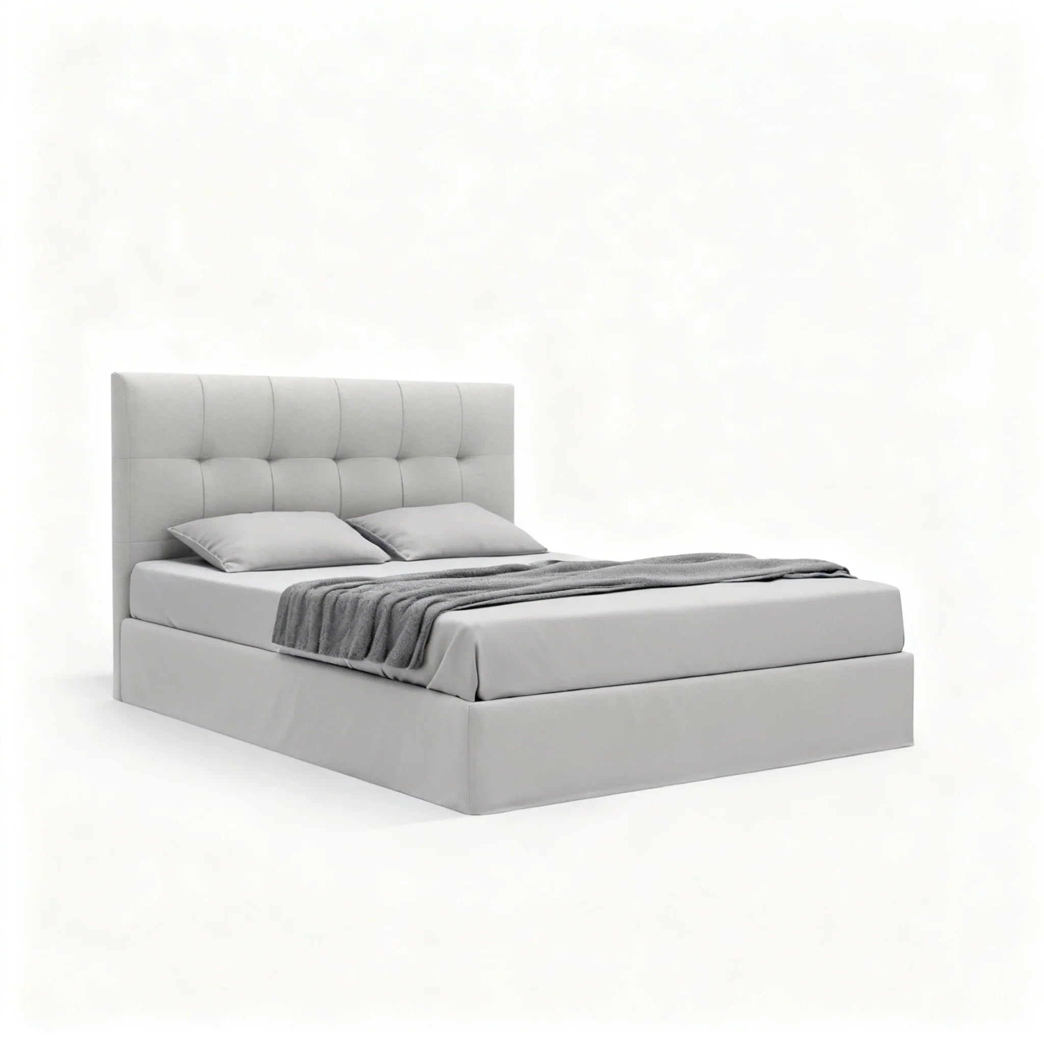 Cama estofada cinza com cabeceira alta, design moderno, roupa de cama e almofadas.