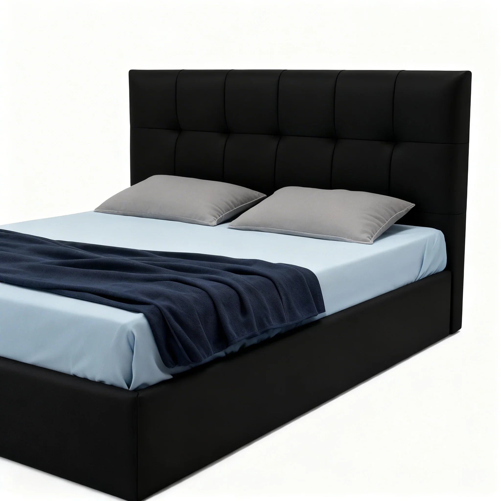 Cama estofada preta moderna com cabeceira alta, roupa de cama azul e mantas elegantes