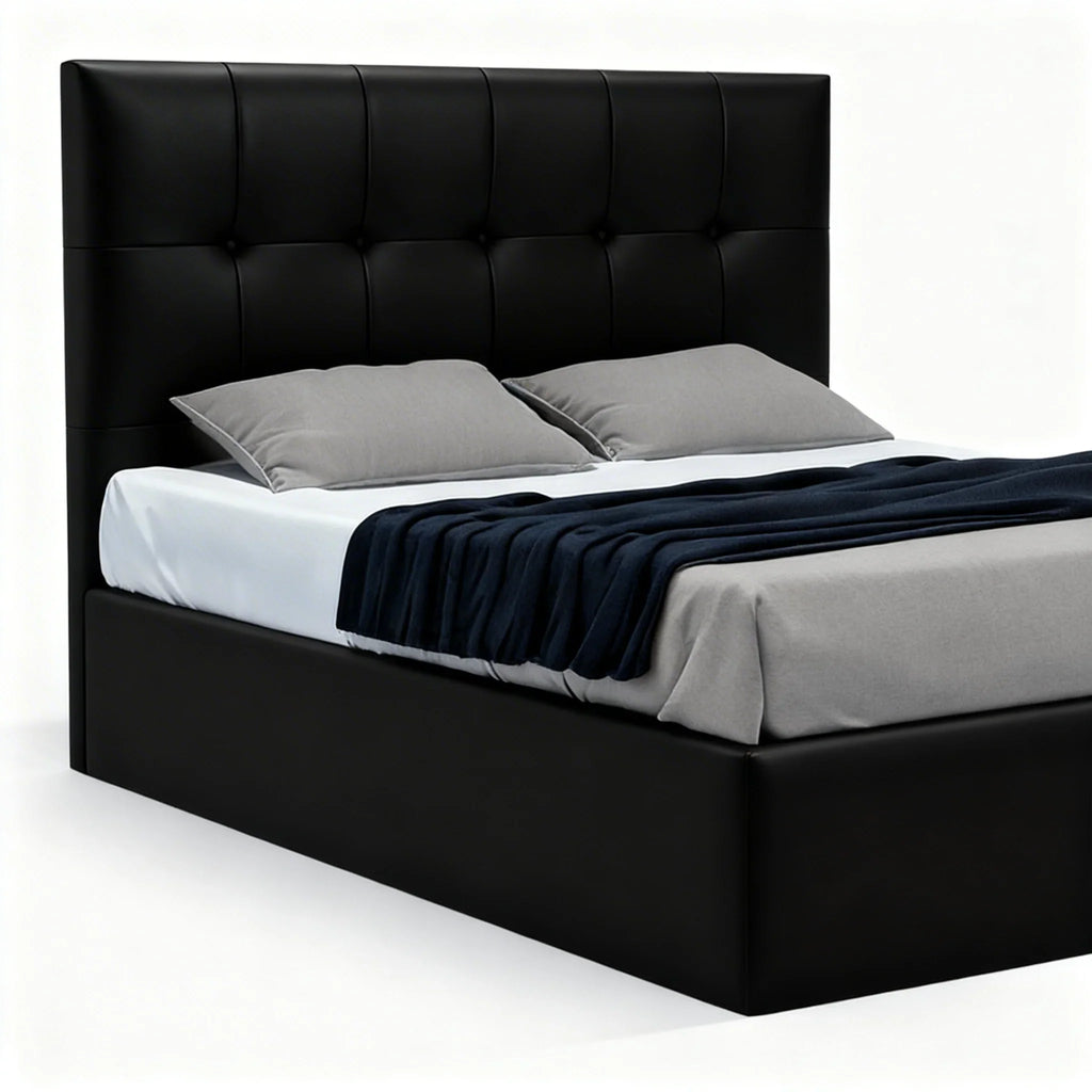 Cama estofada preta moderna com cabeceira alta, almofadas cinza e lençol escuro.