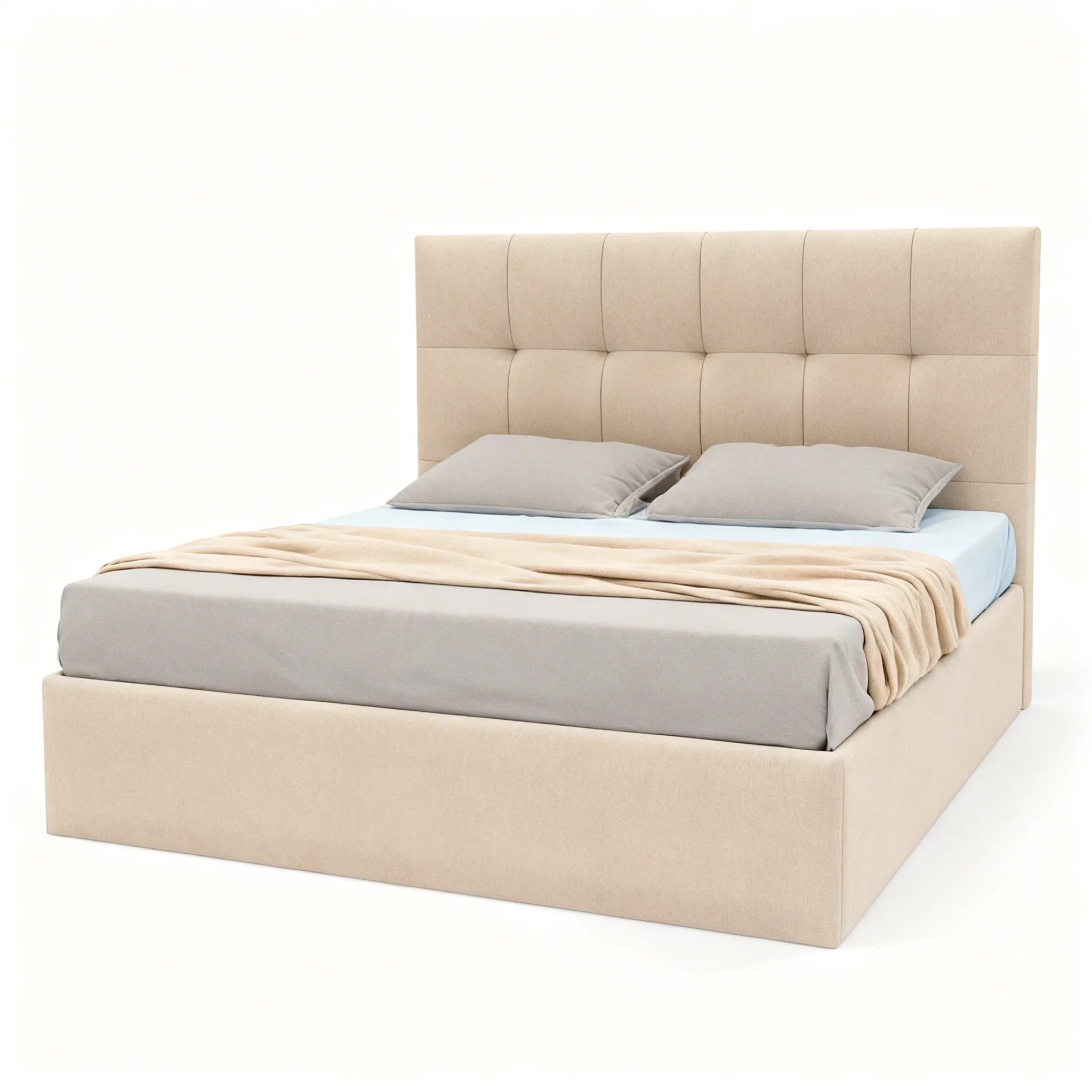 Cama de casal estofada bege com cabeceira alta e detalhes acolchoados, design moderno.