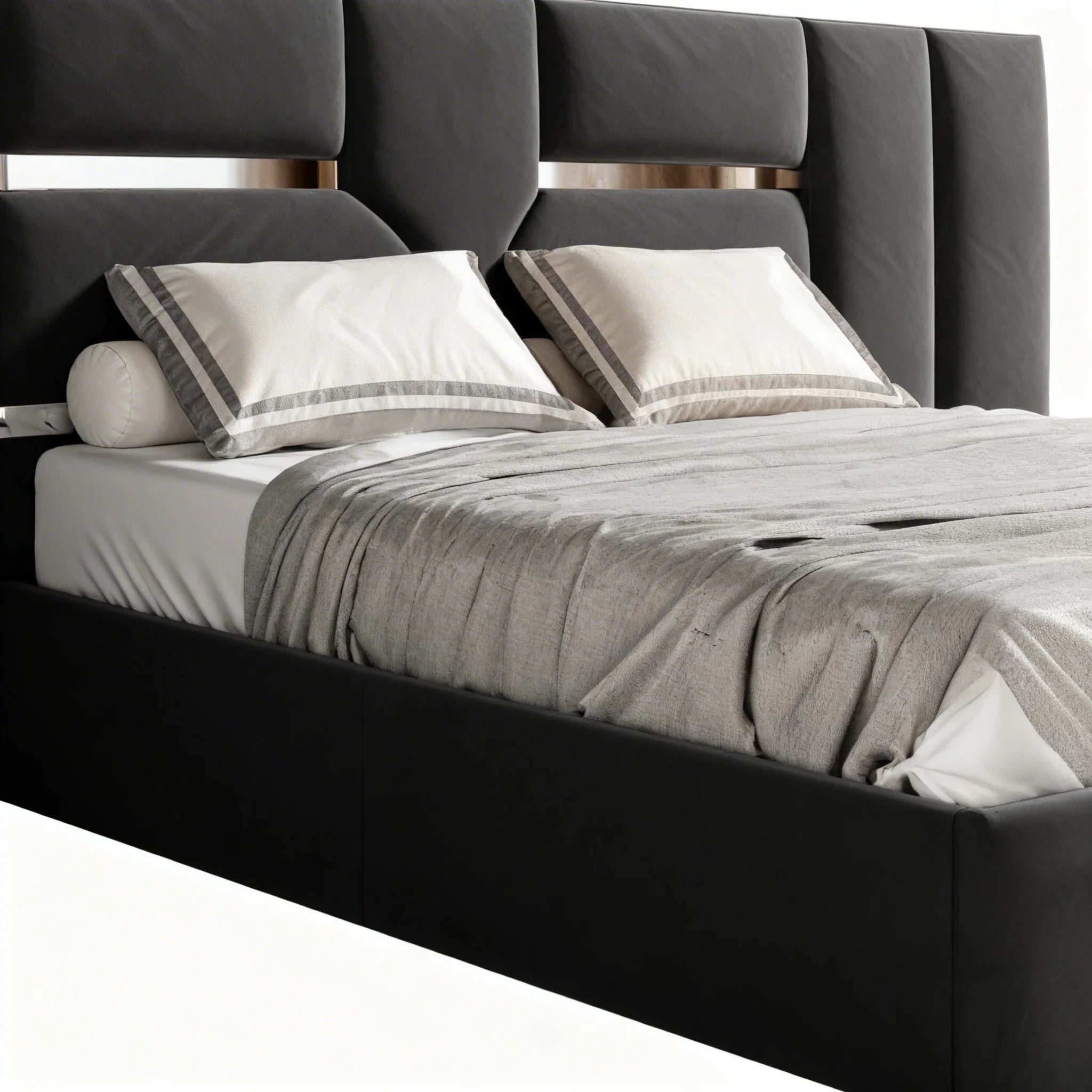 Cama estofada moderna de casal com cabeceira alta em tecido cinza escuro e lençóis claros.