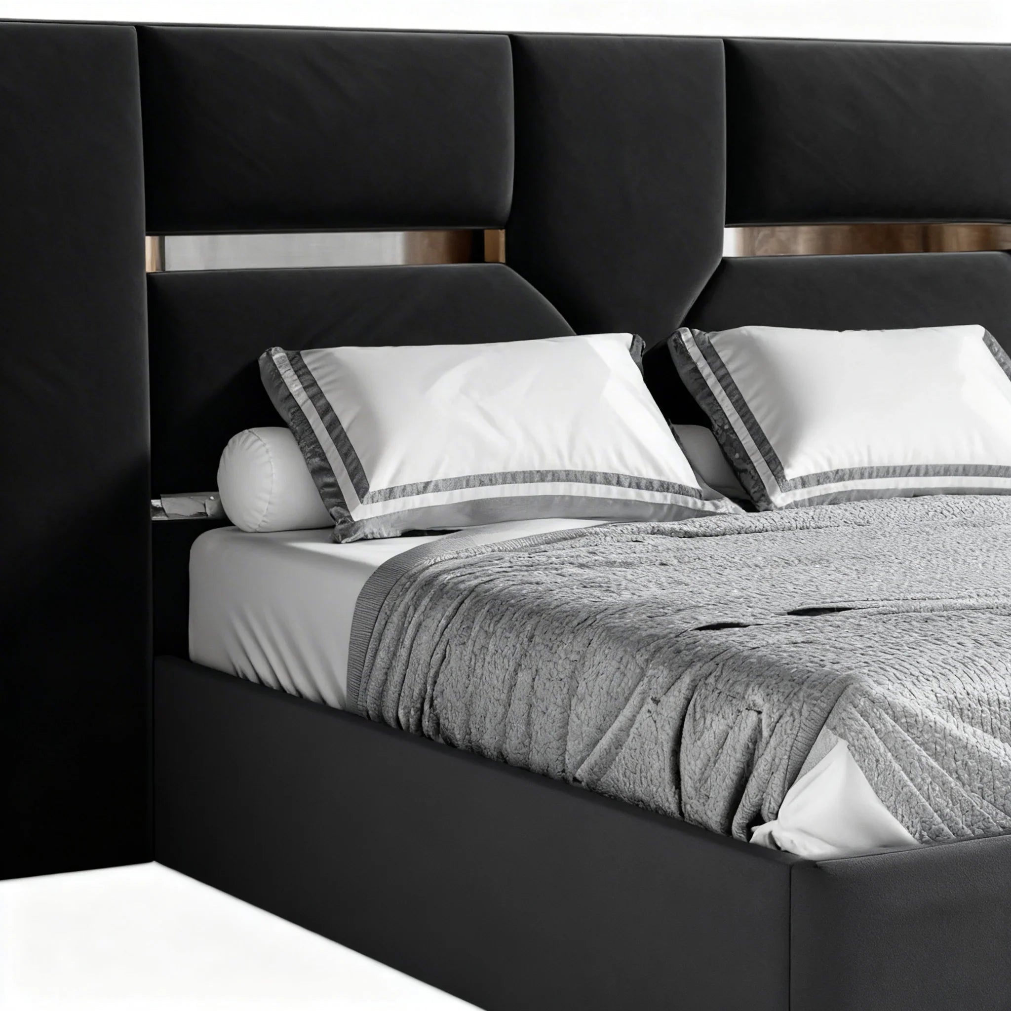 Cama estofada moderna preta com cabeceira alta e roupa de cama cinza