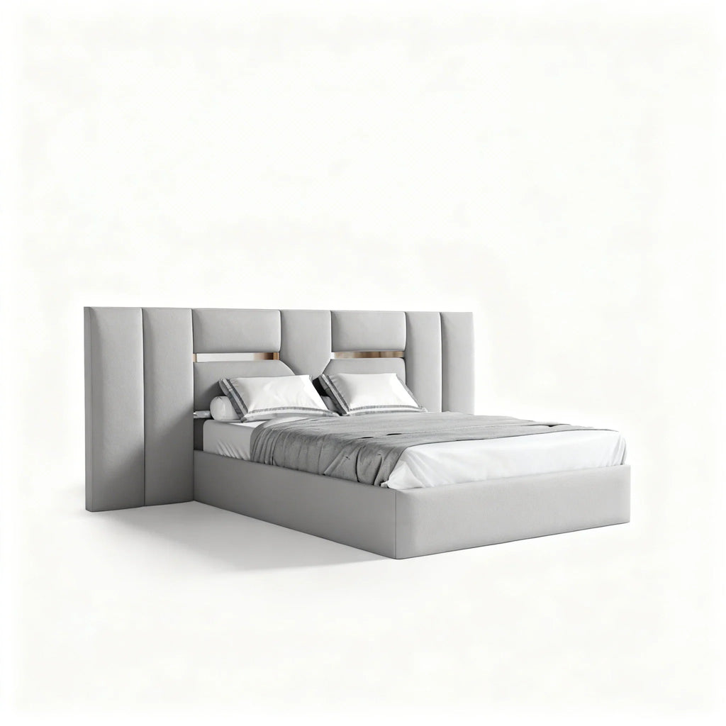 Cama estofada moderna cinzenta com cabeceira alta e design contemporâneo, cama de casal elegante