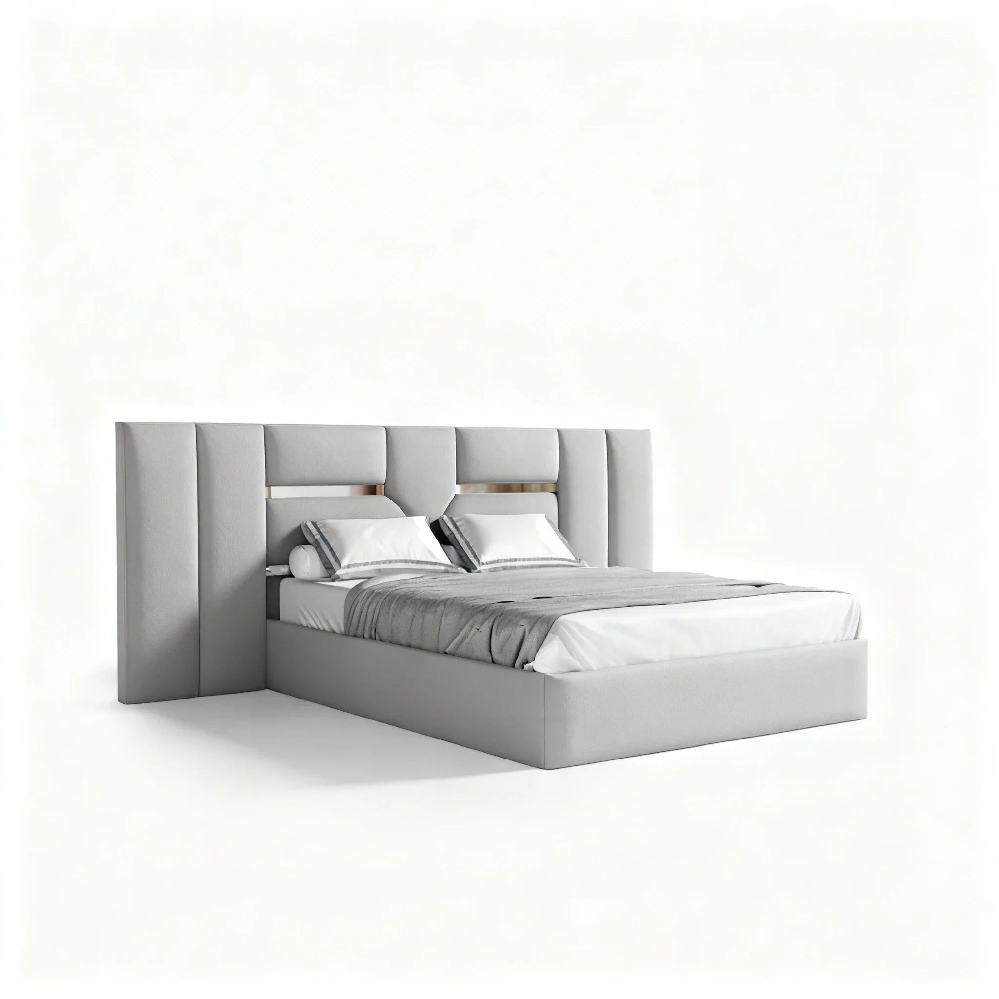 Cama estofada moderna cinzenta com cabeceira alta e design contemporâneo, cama de casal elegante
