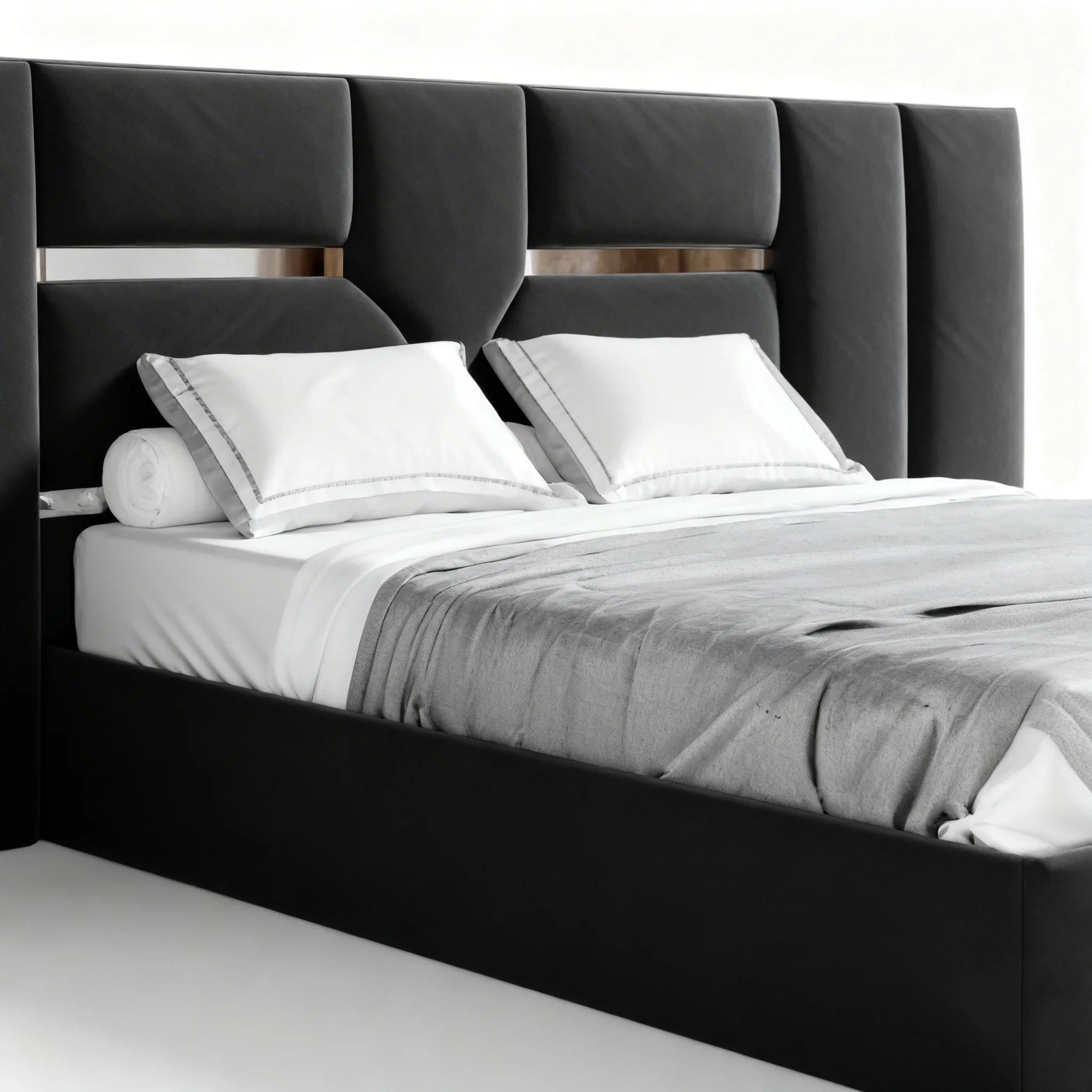 Cama estofada moderna preta com cabeceira alta e roupa de cama cinza, estilo contemporâneo.