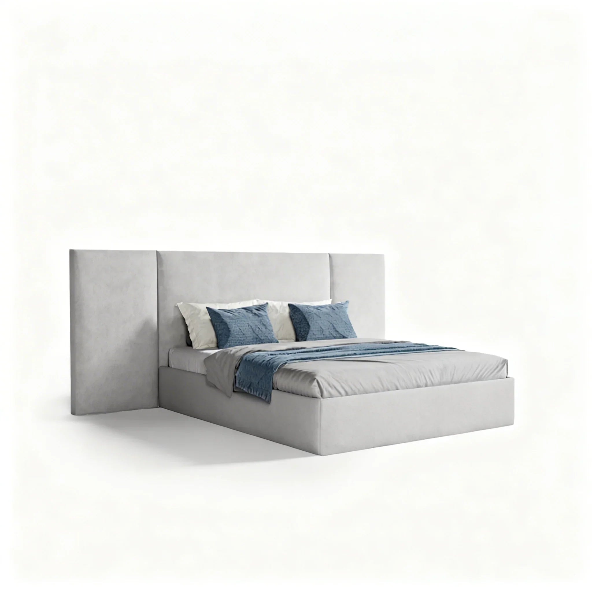 Cama estofada cinza com cabeceira ampla, roupa de cama azul e design moderno