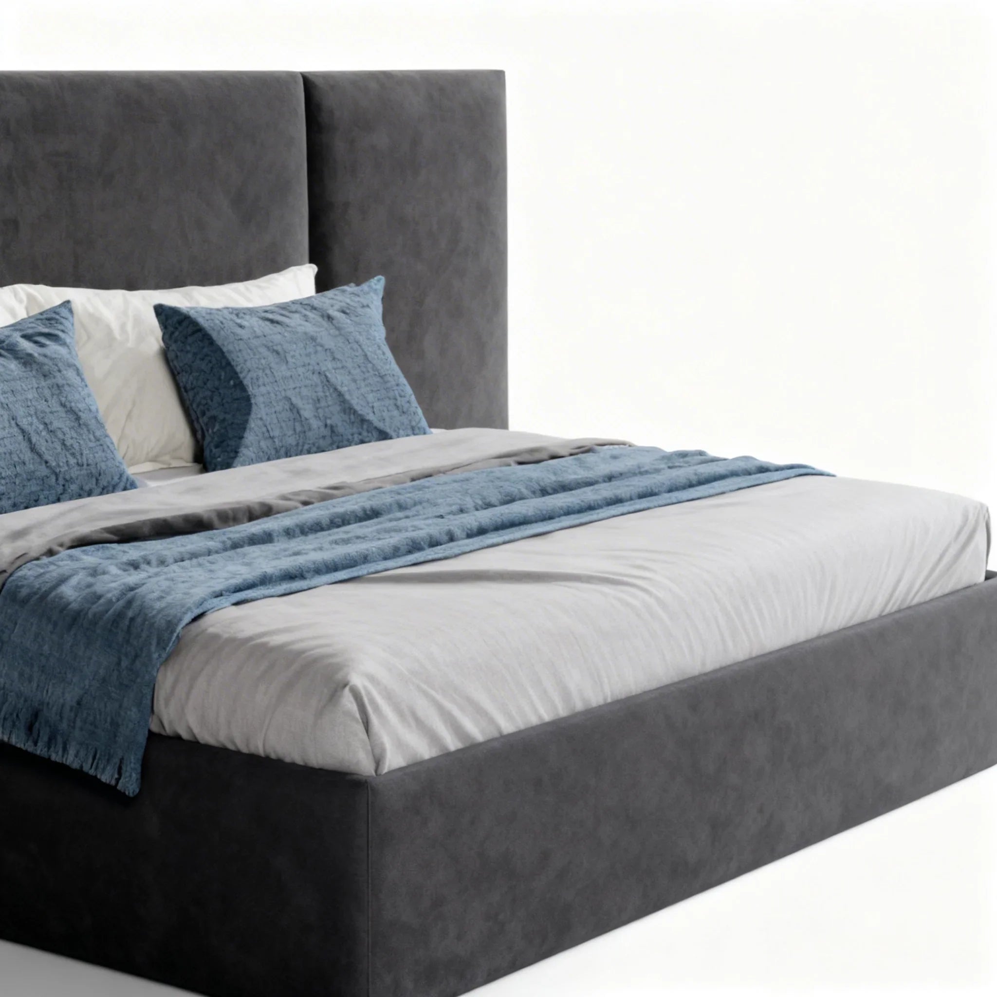 Cama estofada moderna cinza com cabeceira alta, almofadas e manta azul, decoração elegante.