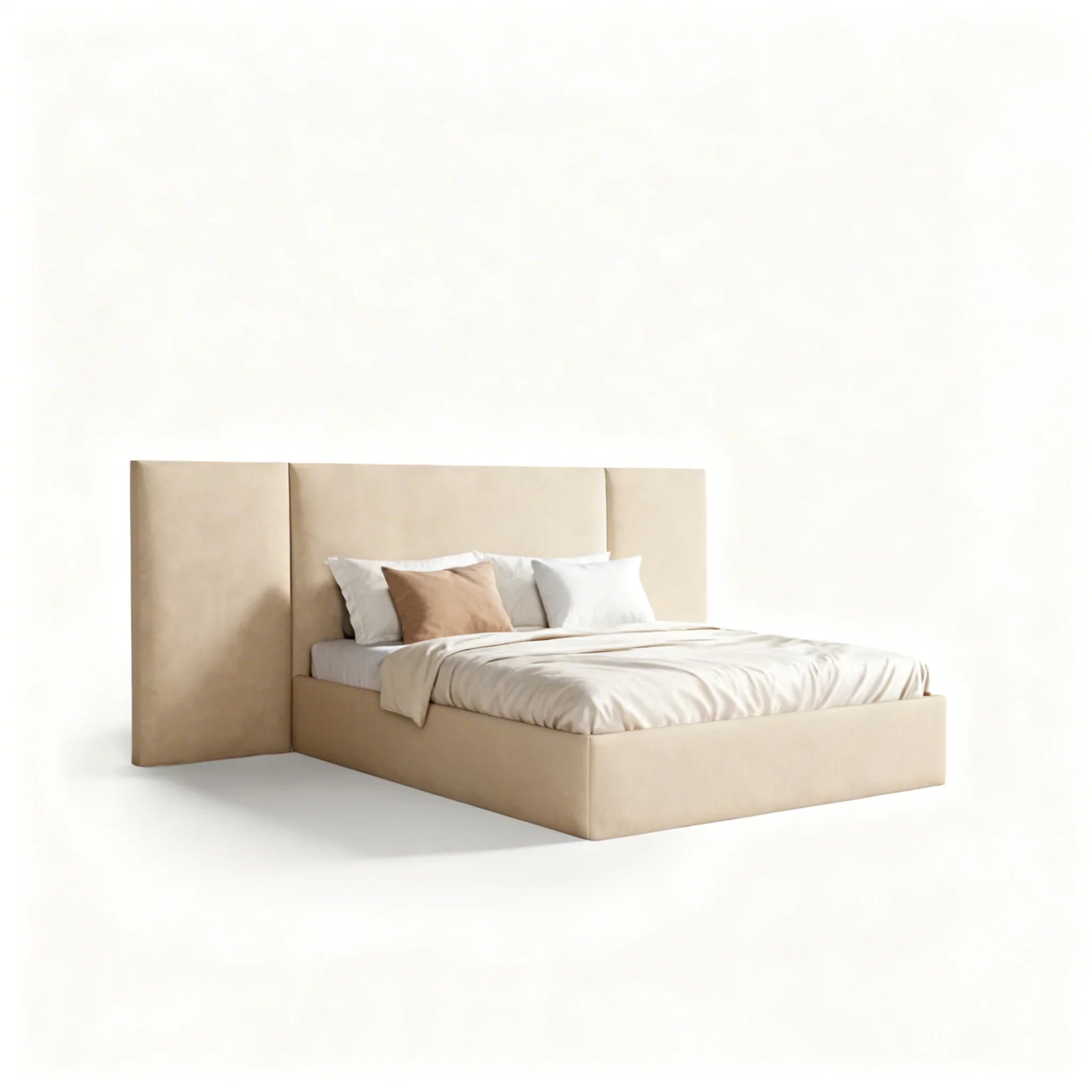 Cama estofada bege com cabeceira ampla, design moderno, almofadas decorativas