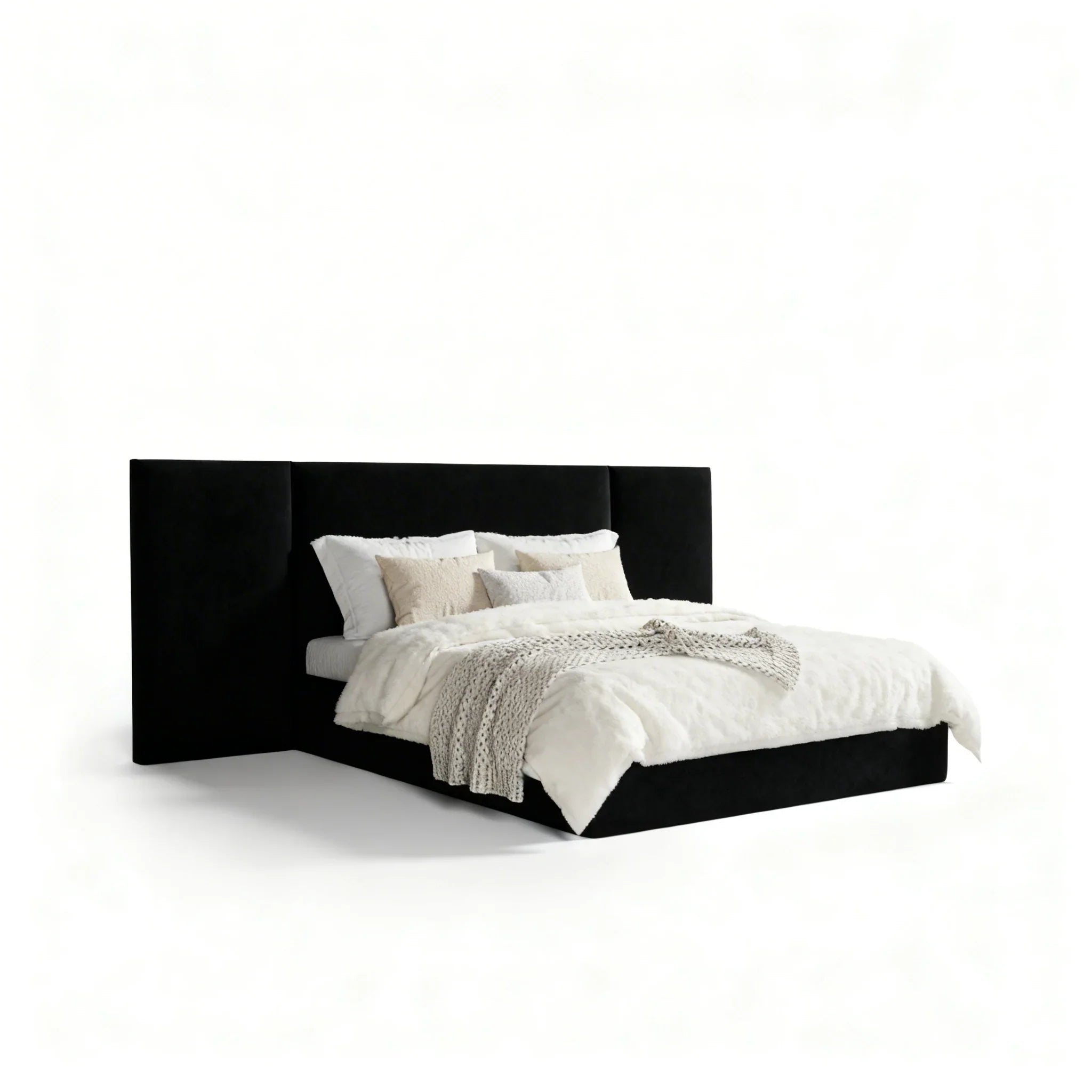 Cama estofada moderna preta com cabeceira ampla e roupa de cama clara, ambiente minimalista