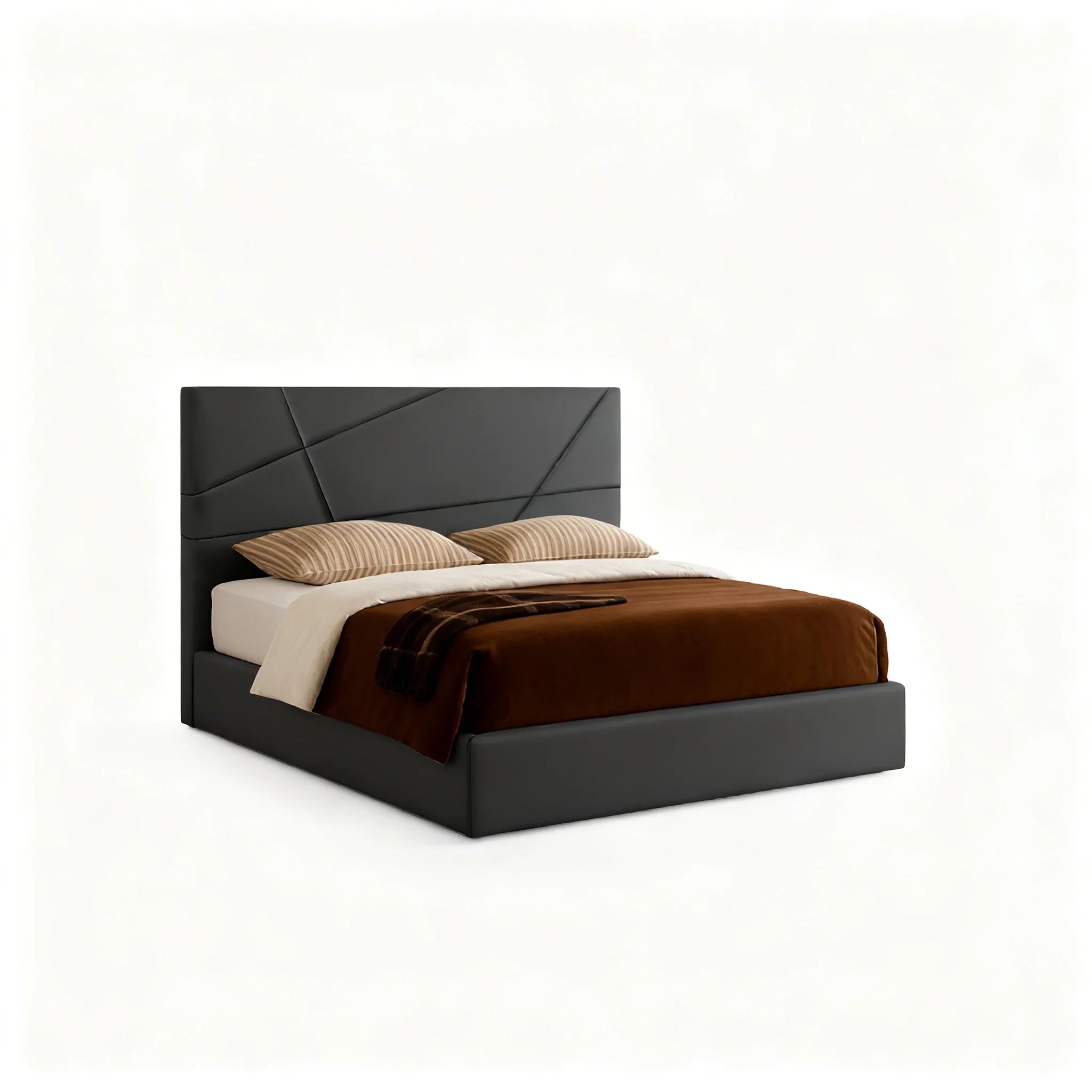 Cama estofada moderna com cabeceira alta preta e roupa de cama castanha, em fundo branco.
