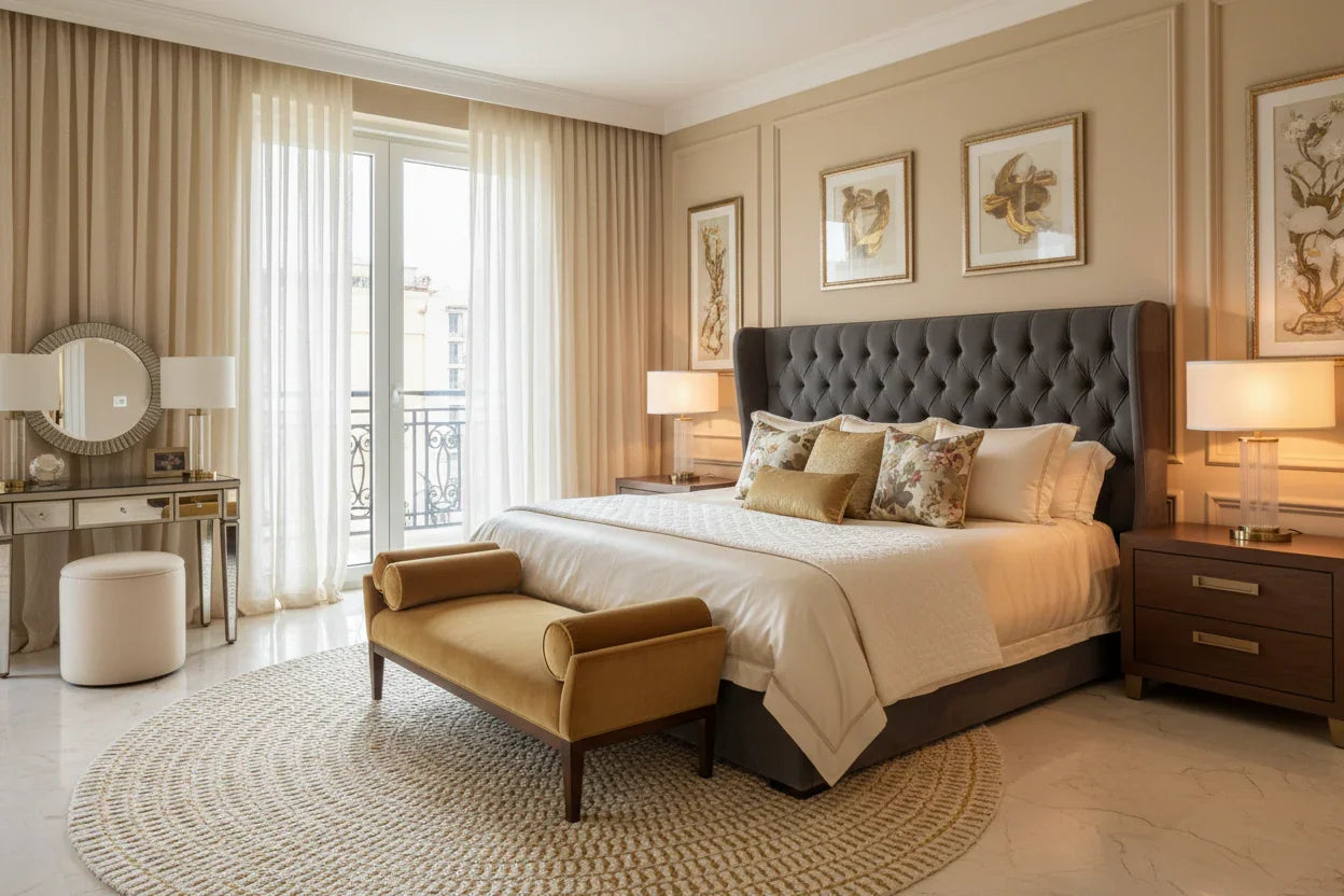 Quarto luxuoso com cama estofada moderna, cabeceira alta, decoração elegante e luz natural.