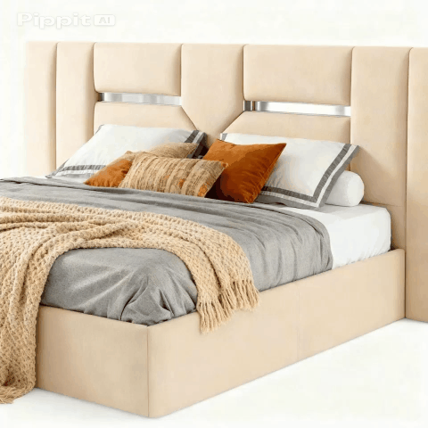 Cama estofada bege com cabeceira moderna, roupa de cama cinza e almofadas decorativas